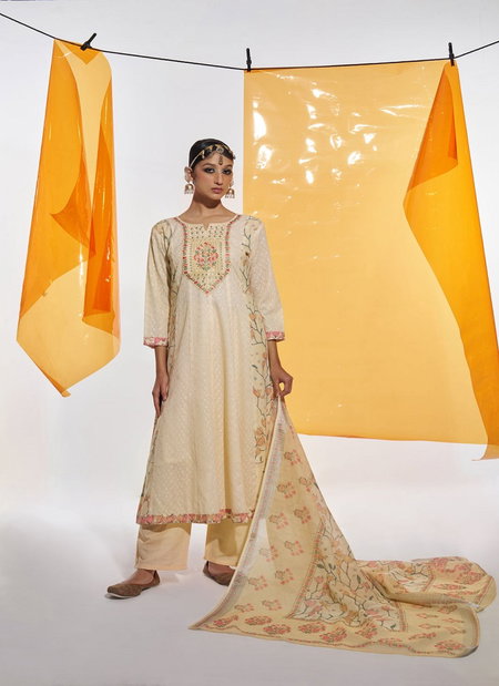 TEW Royal Cream Colour Cotton Digital Print With Embroidery And Khatli Work Kurti With Bottom Dupatta Online Wholesale